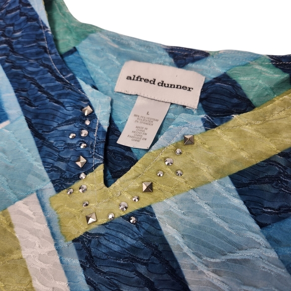 Alfred Dunner Textured Blue and Green Abstract Blouse 3/4 Sleeve Large - Picture 4 of 7